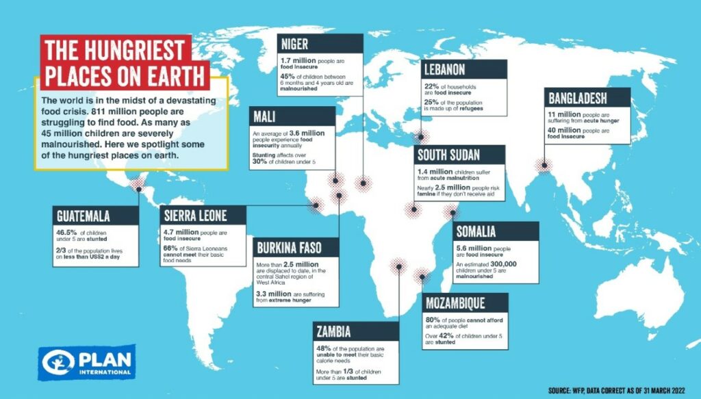 A map of 11 of the hungriest places on earth. 